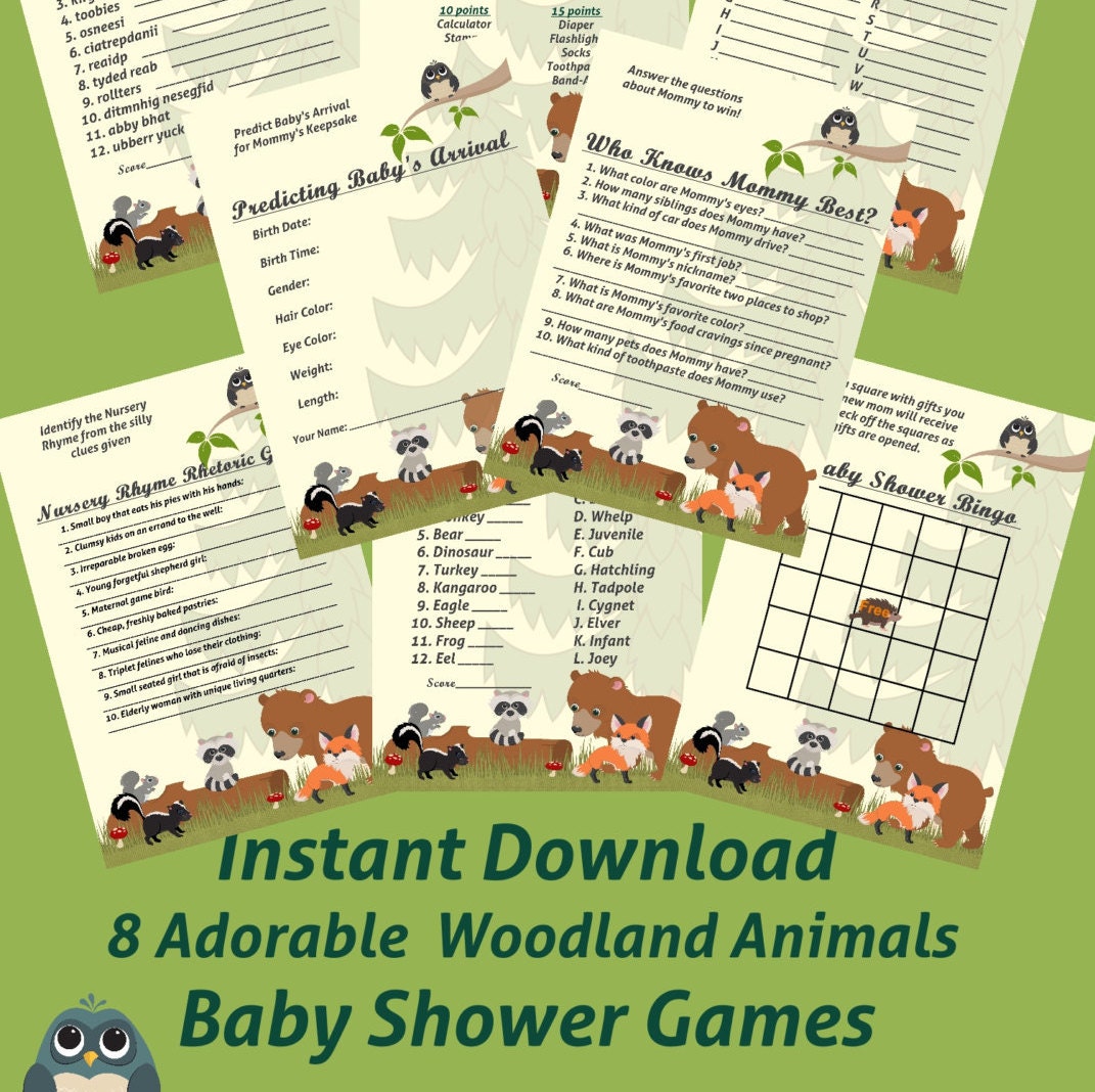 8 Baby Woodland Animals Baby Shower Games pdf and jpg