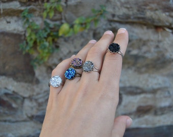 Druzy rings: black druzy ring, purple druzy ring, blue druzy ring, dark silver druzy ring, silver druzy ring - faux titanium druzy jewelry