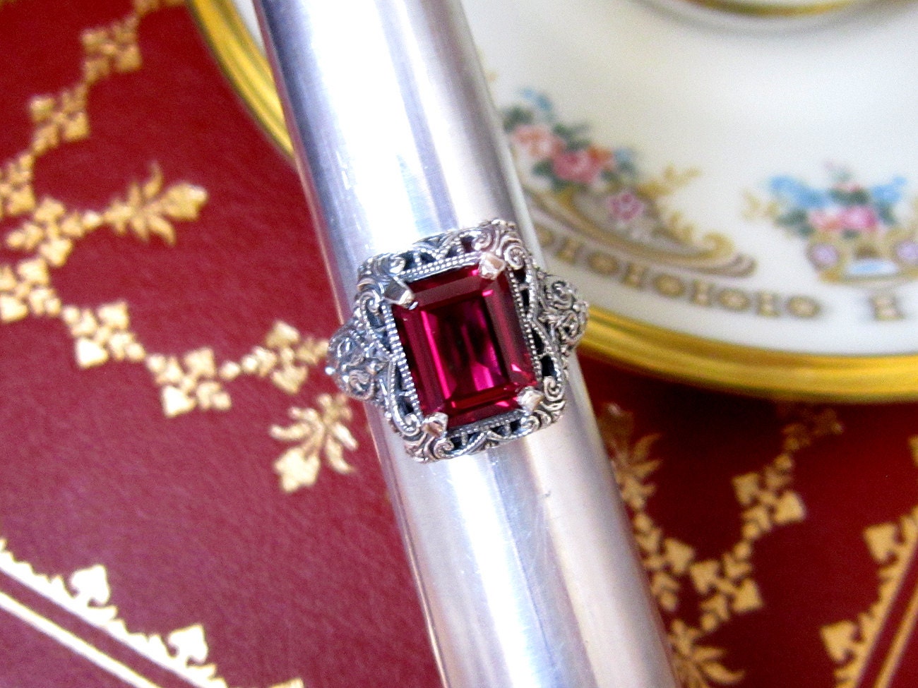 Sterling Genuine Ruby Ring Victorian Antique Vintage Solid 925