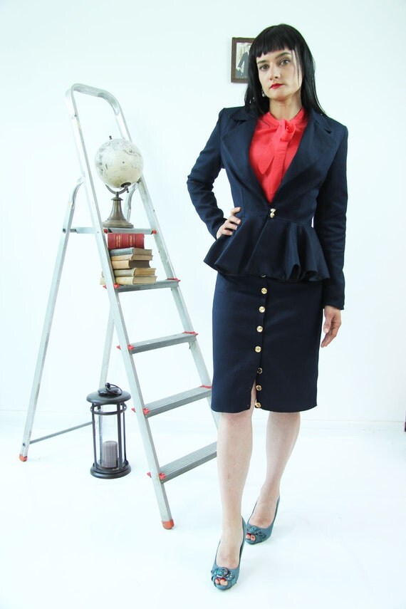 Women tailored suit, two piece women outfit, peplum jacket, navy suit 