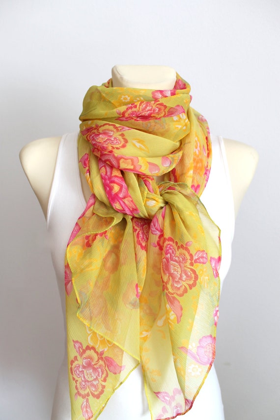 Floral Silk Scarf Chiffon Fabric Scarf Floral Print by LocoTrends
