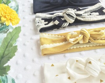 Fall Colors Headwraps, Baby Headbands, Mustard Headwrap, White Arrow, Navy Aztec, and Jean Stretch, Boho Headband, Set or Individual, Autumn