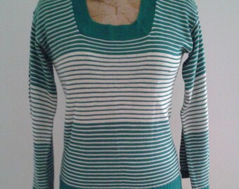 SALE /// Vintage 1970's Teal and White Varying Horizontal Stripe Sweater Bell Sleeves Square Neckline Hippie