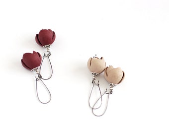 Modern style leather earrings in dark red wine or sand beige