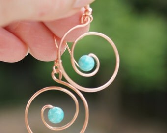 Wire wrap earrings, Copper earrings, Aqua Earrings, Item #25