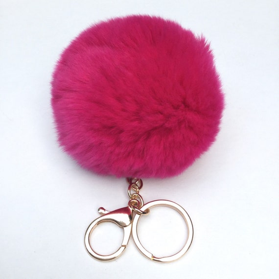 Items similar to New! Fuchsia Fur pom pom keychain fur puff ball bag ...