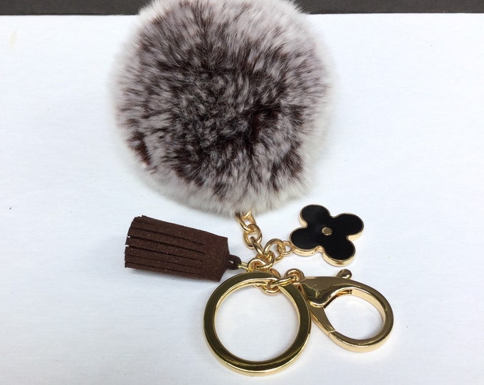 Pom-Perfect Brown frosted REX Rabbit fur pom pom ball with black flower keychain