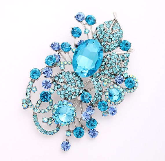 Blue Rhinestone Brooch Aqua Teal Blue Wedding Brooch Blue