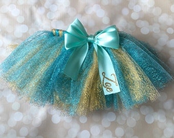 Baby Tutu Skirt - Personalized - First Birthday Tutu - Satin Ribbon Tutu - Glitter Tutu - Gold and Aqua - Princess Tutu - Ballerina Tutu