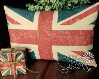 Distressed Union Jack Pillow Cover of Natural 100% Cotton Canvas or Lined Burlap | 12" x 18" or 16" x 23"
