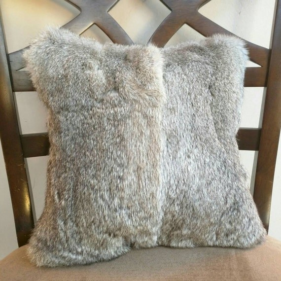 Genuine Rabbit Fur Throw Pillow Silver Grey