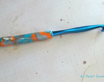 Crochet Hook, Blue, Customized Fat Handle, Polymer Clay, Size N, CLEARANCE PRICE