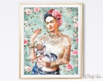 Frida Kahlo - Art Print - Illustration - Portrait - Painting- Portrait - Home Decor - Pop Art - Sphynx - Cat Art - Homage