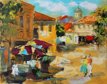 Original impasto oil painting on canvas, Modern wall art, Colorful painting, Europe Cityscape painting, Wall decor, Palette knife painting