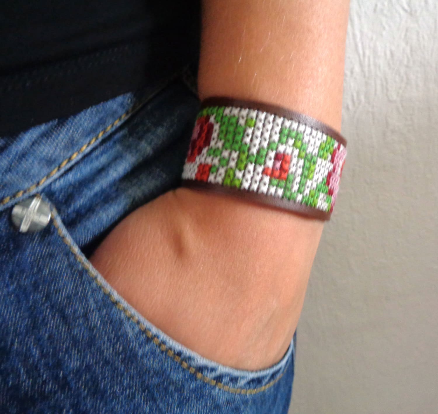 Cross stitch bracelet embroidered cuff brown with by EvitaHandmade