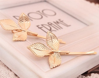 SALE Gold Leaf Bobby Pins, Branch Hair Clip, Veined Leaf, Country Hair, Bridal Hair Clips Rustic Woodland