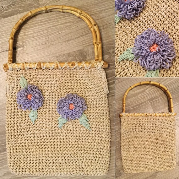 100 straw purse / bag / tote with bamboo handles and purple straw flowers