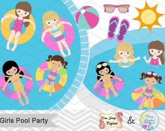Digital Girl Clipart, Girls Pool Party Clipart, Girls Swim Party Clip Art, Summer Swim Party Clipart, Summer Pool Party Clip Art, 0197