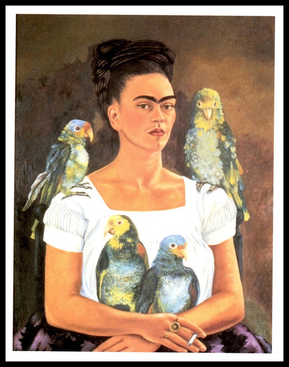 Frida Kahlo 1941 Malerei meine Papageien und ich Vintage