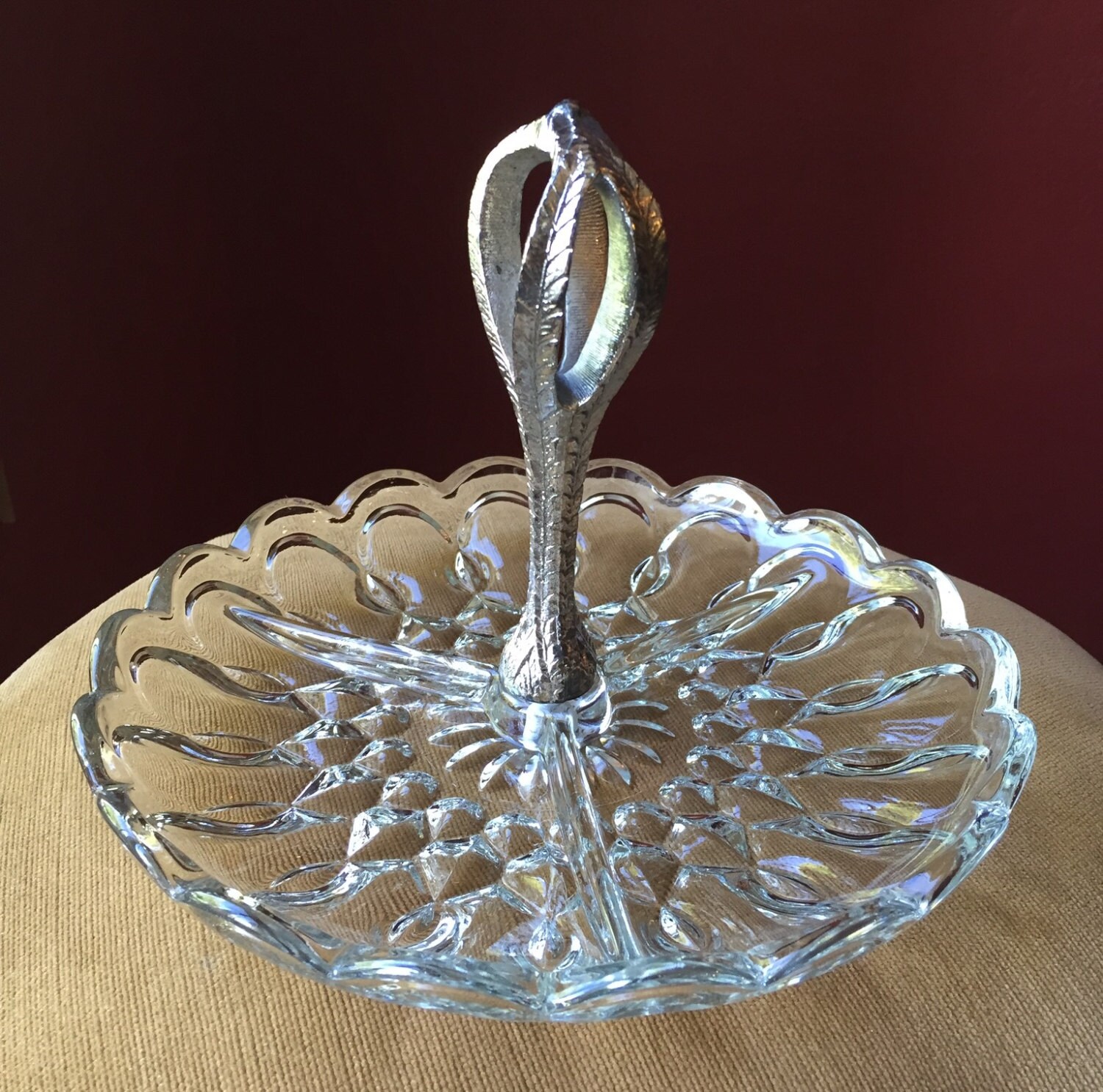 Vintage Glass Three Section Condiment, Relish or Candy Dish with