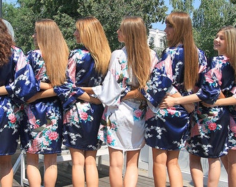 Set of 6 Bridesmaid Satin Robes, Kimono Robe, Fast Shipping from New York, Regular and Plus Size Robe