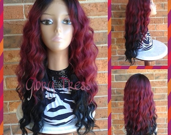 ON SALE // Long Body Wave Lace Front Wig, Ombre Black & Burgundy Wig, Mermaid Wig, Dark Rooted Wig // LOYAL (Free Shipping)