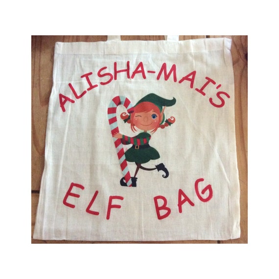 Girls christmas elf bag, cotton, christmas eve surprise personalised ...