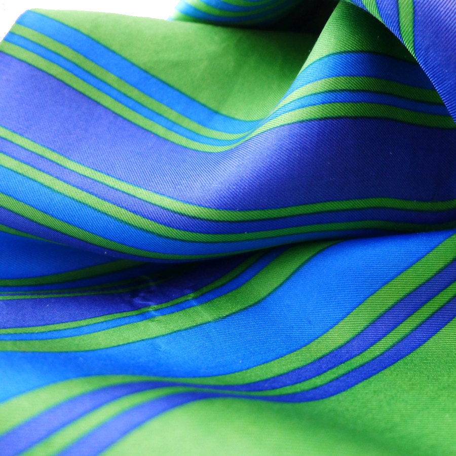 Vintage Lime Green and Cobalt Blue Rectangular Striped Silk Scarf with ...
