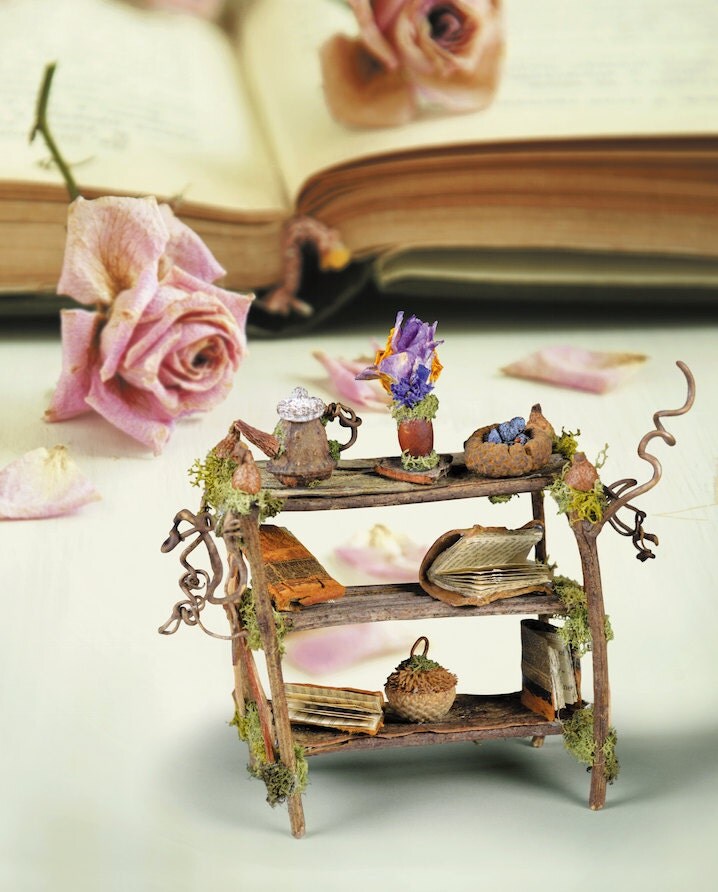 Adorable rustic gnome garden shelf with books tiny dishes