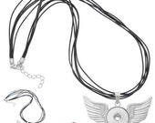 1 necklace  leather cord black pendant white angel wings 47cm (available with personalized DIY button hole 5,5 mm (2/8 ")   - KN 011