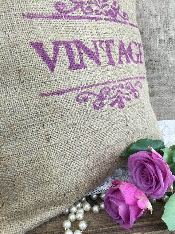 French Farmhouse Style Rustic Burlap Cushion // Hessian Jute Cushion // Hand Stenciled Cushion // Hand Printed Fabric Cushion //