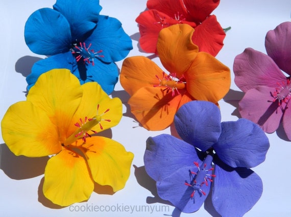 4 edible large HIBISCUS SUGAR FLOWERS tropical hawaiian cake