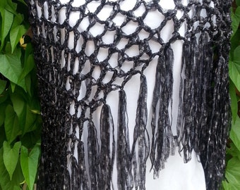 Black Poncho - Ribbon Diagonal Poncho with fringe - ClaudiasCrochet
