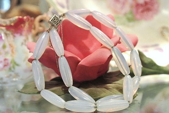 Sea Opal Glass Opalite Bracelet Double Strand Tube Tubular Bead Beaded Bracelet Box Clasp with Safety Chain Circa 1940s 1950s Opalescent