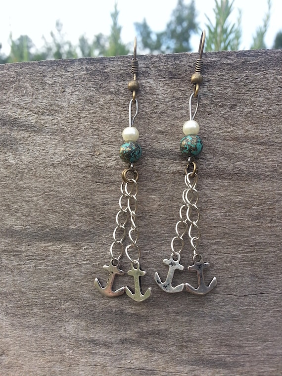 Long Nautical Anchor Dangle Earrings