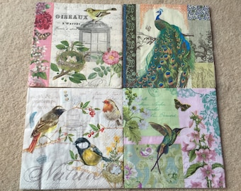 4 Single paper decoupage napkins. Beautiful birds and peacocks details. Verry sweet. Perfect for decoupage, craft and collections