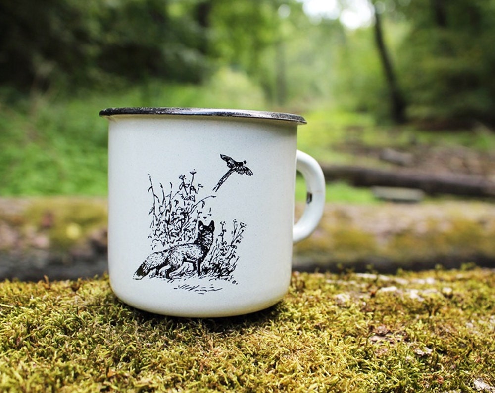 White Enamel Coffee Mug Camping Cup Hunters Print Best