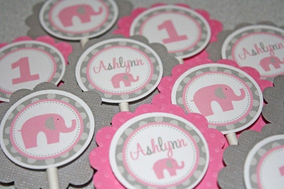 Pink Elephant Cupcake Toppers / Elephant Cupcake Toppers / Pink Gray Elephant Shower / Elephant Baby Shower / Pink Elephant Birthday Party Il_570xn