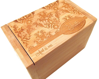 Engraved Recipe Box - Damask Design - Bamboo Recipe Box - Custom Personalized