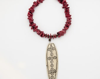 Mystical Spiritual Carved Bone Red Coral Nugget Necklace Boho Hippie (Free US Shipping)