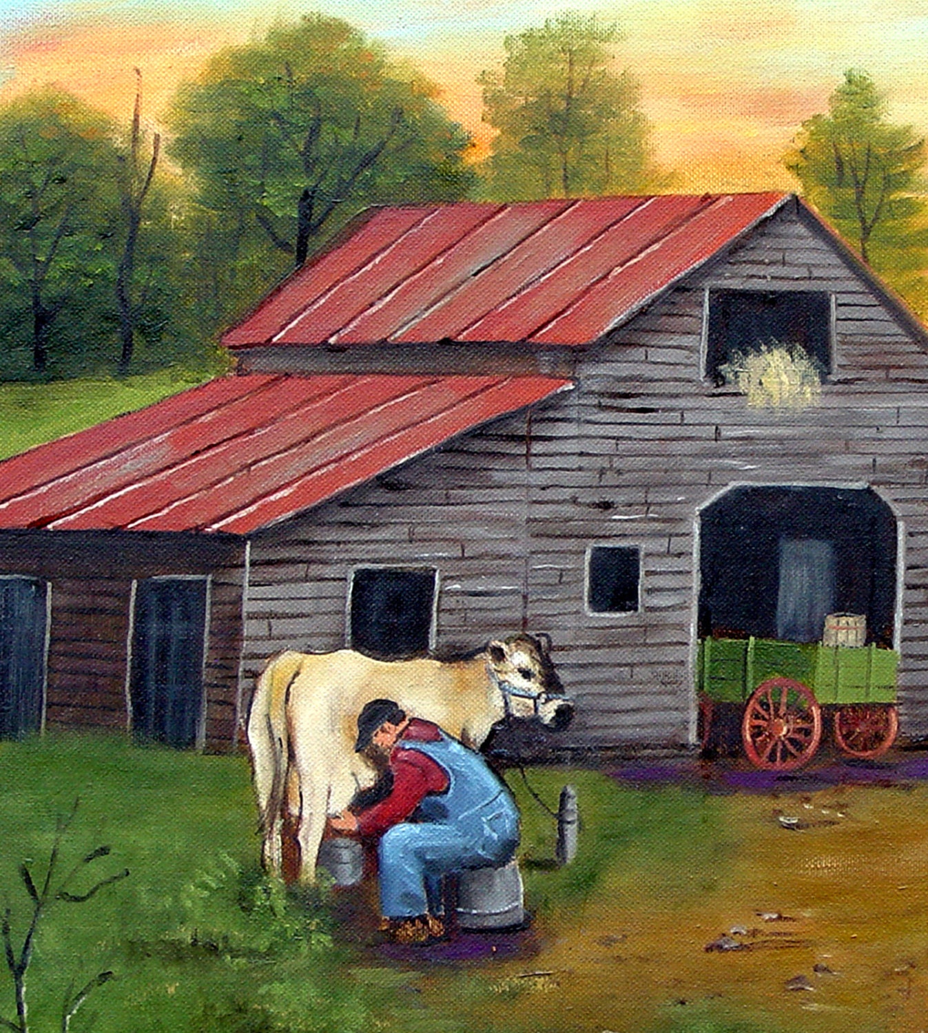 Folk Art Landscape Country Scene Home Decor Print Milking Cow
