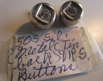 Vintage Buttons - beautiful lot of 2, small silver color tin metal design rhinestones 1950's (july 593)