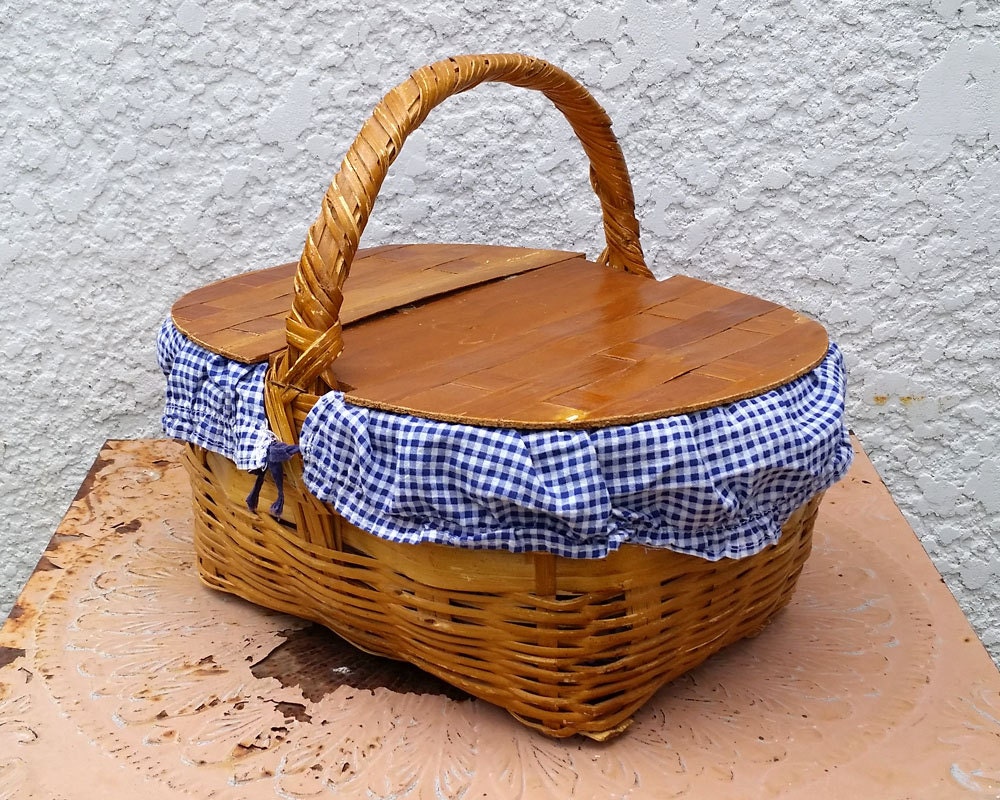 Wooden Picnic Basket with DoubleHinged Woven Wood Lid Blue