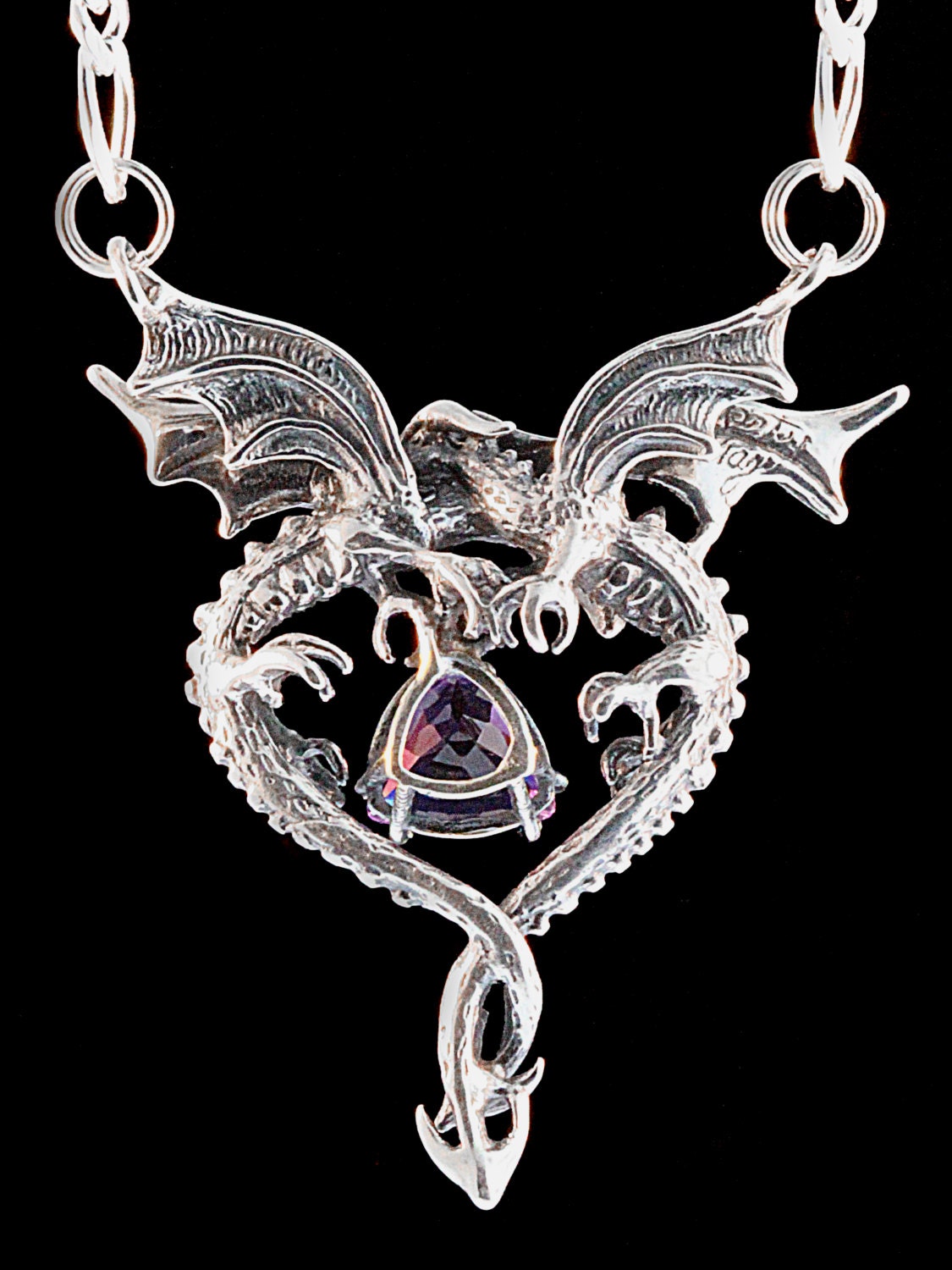 Dragon Necklace Silver Dragon Heart Pendant with Amethyst