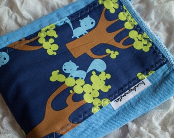 Baby burp cloth - tree squirrels light blue hand dyed burp cloth