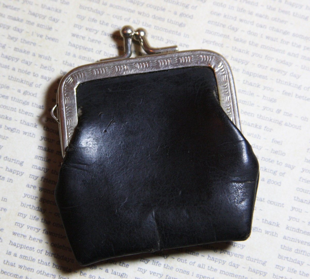 Vintage Small Black Leather COIN PURSE Found Object Doll