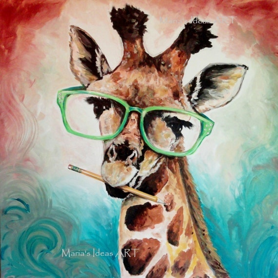 Giraffe print Giraffe with glasses Office wall by MariasIdeasArt