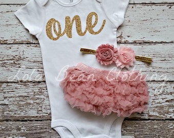 Baby Girl 1st Birthday Outfit Cake Smash Gold One Bodysuit Dusty Rose Bloomers Light Pink Headband
