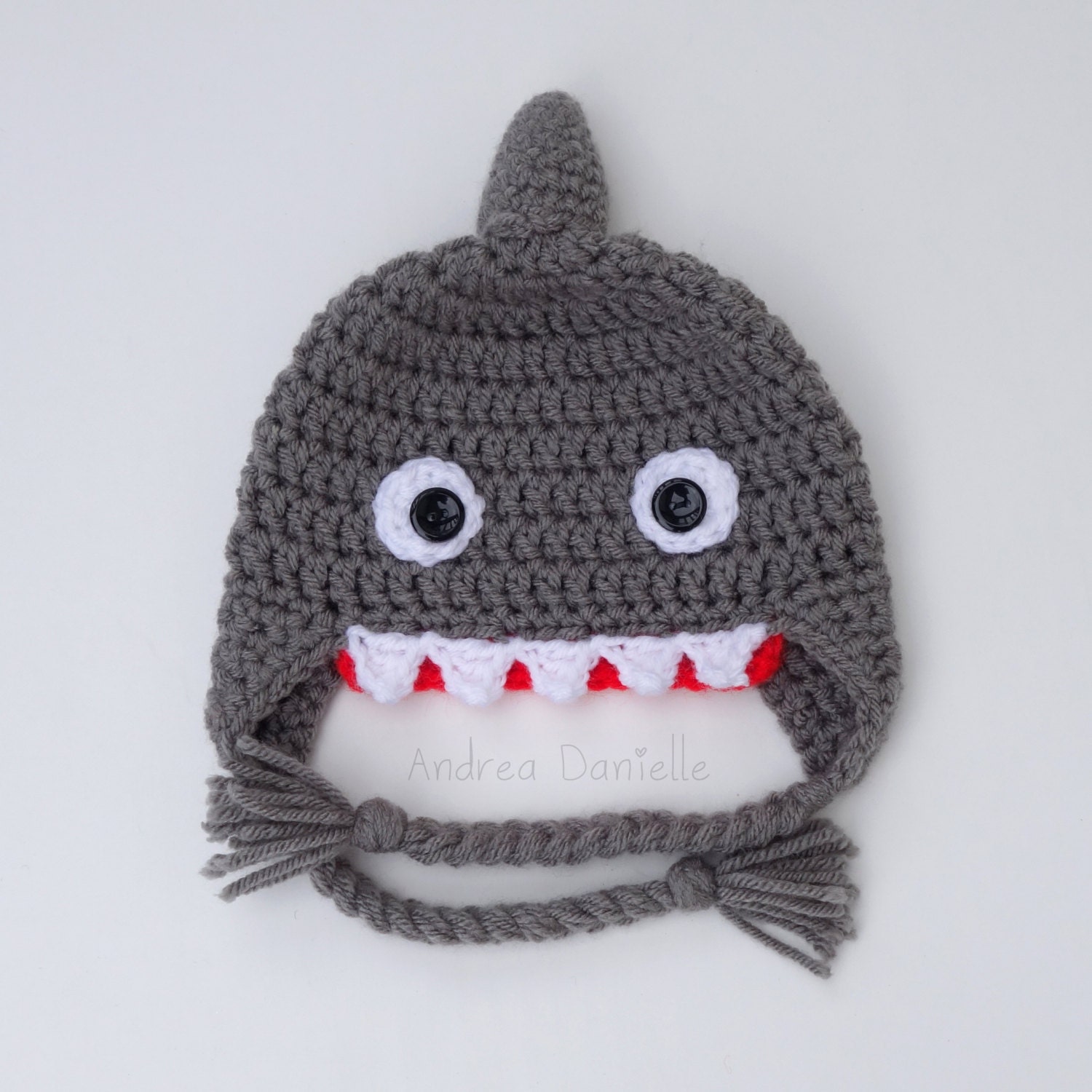 Crochet Shark Hat 03 Months in Grey White Bright Red