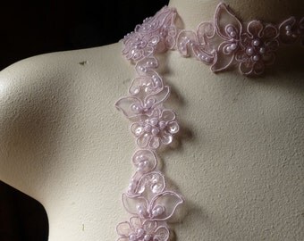 Rose Pink Beaded Lace Trim for Lyrical Dance, Bridal, Headbands, Veils, Costumes BL 4038rp